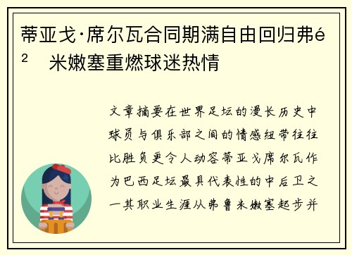 蒂亚戈·席尔瓦合同期满自由回归弗鲁米嫩塞重燃球迷热情