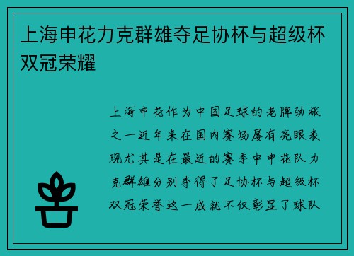 上海申花力克群雄夺足协杯与超级杯双冠荣耀 上海申花力克群雄夺足协杯与超级杯双冠荣耀