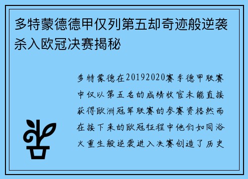 多特蒙德德甲仅列第五却奇迹般逆袭杀入欧冠决赛揭秘