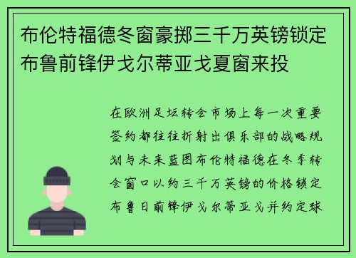 布伦特福德冬窗豪掷三千万英镑锁定布鲁前锋伊戈尔蒂亚戈夏窗来投