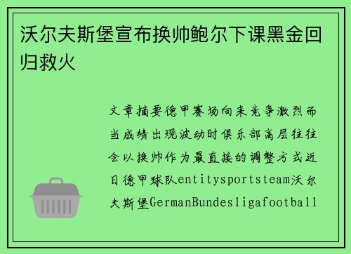 沃尔夫斯堡宣布换帅鲍尔下课黑金回归救火
